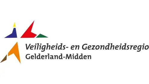 Logo van veiligheids- en gezondheidsregio gelderland-midden, met kleurrijke stervormen en de naam van de organisatie in zwarte tekst.