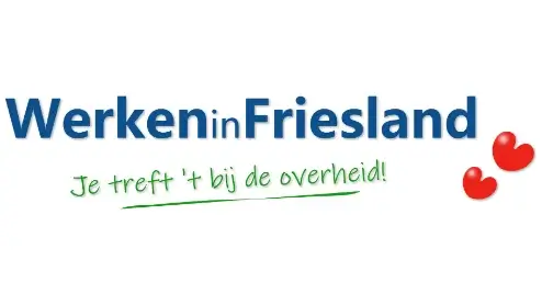 Logo voor "werken in friesland" met blauwe tekst, de slogan "je treft 't bij de overheid!" in het groen, en twee rode harten.