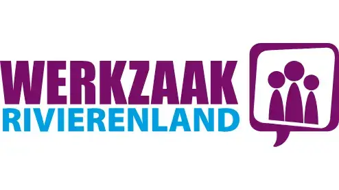 Logo van werkzaak rivierenland met gestileerde tekst en een tekstballon met twee mensfiguren.