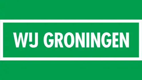 Groene banner met witte rand met daarin in witte hoofdletters de tekst "wj groningen".