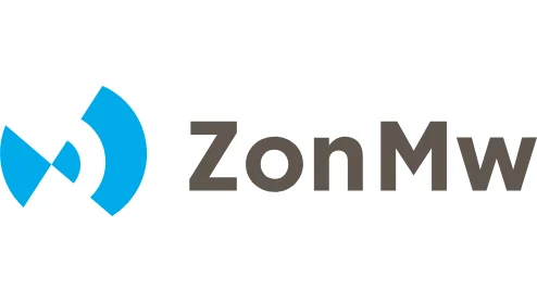 Logo van ZonMw, met een gestileerd blauw dubbelvleugelontwerp links van de tekst "ZonMw" in grijs.