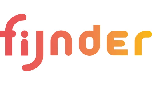 Logo van "fijnder" met gestileerde kleine letters in een verloop van rood naar geel.