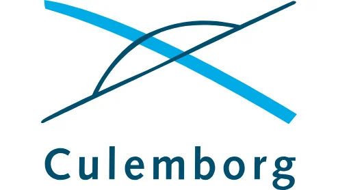 Logo van Culemborg met een gestileerde blauwe X met een gebogen lijn boven de tekst "Culemborg.