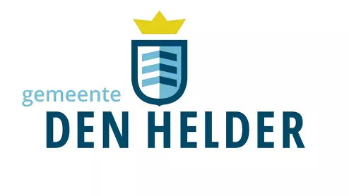 Logo van de gemeente Den Helder met een blauw schild met een wit streeppatroon, met daarbovenop een gele kroon, naast de tekst "gemeente DEN HELDER.