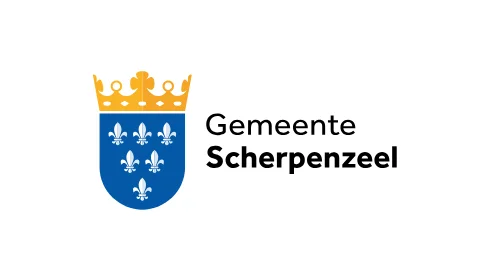 Logo van Gemeente Scherpenzeel met een blauw schild met witte fleur-de-lis-symbolen met daarop een gouden kroon.