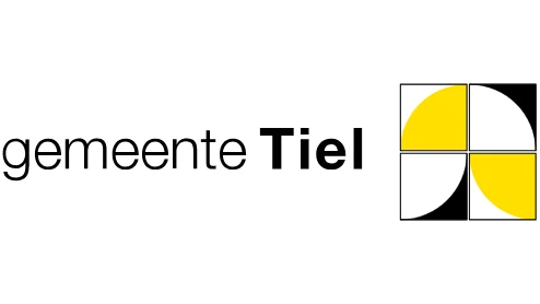 Logo van Gemeente Tiel met de tekst "gemeente Tiel" naast een gestileerde afbeelding van een verdeelde cirkel in zwart, wit en geel.