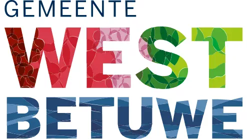 Logo van de Gemeente West Betuwe, met de naam in dikke, kleurrijke letters met mozaïekpatronen in elke letter.