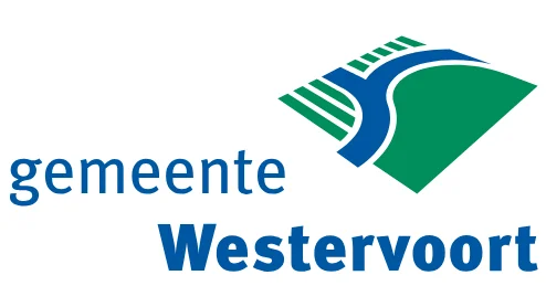 Een logo met blauwe en groene tekst.