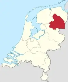 Kaart van Nederland met de provincie Drenthe in het rood gemarkeerd in het noordoostelijke deel van het land.