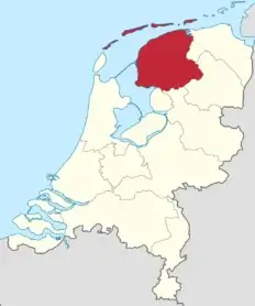 Kaart van Nederland met de provincie Fryslân in rood gemarkeerd.