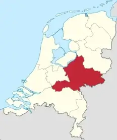 Een kaart met de provincie Gelderland in het rood binnen het land Nederland.