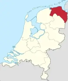 Kaart van Nederland met de provincie Groningen in rood gemarkeerd.