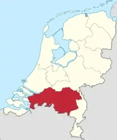 Kaart met de provincie Noord-Brabant in Nederland in rood gemarkeerd.