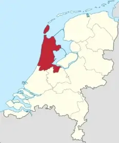 Kaart met de provincie Noord-Holland in Nederland in rood gemarkeerd.