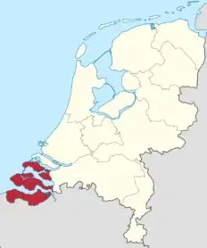 Een kaart van Nederland met de provincie Zeeland in rood gemarkeerd.