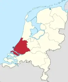 Kaart met de provincie Zuid-Holland in Nederland in rood gemarkeerd.