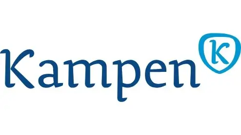 Tekst "Kampen" in blauw lettertype met een gestileerde "K" in een blauw schild aan de rechterkant.