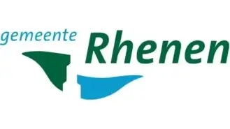 Logo van de gemeente Rhenen, met gestileerde groene en blauwe vormen en de tekst "gemeente Rhenen" in groene en blauwe letters.