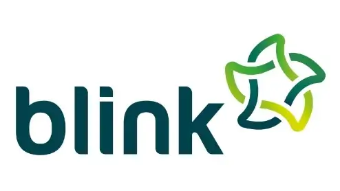 De afbeelding toont het Blink-logo met het woord "blink" en een stervormig ontwerp in groen en geel aan de rechterkant.
