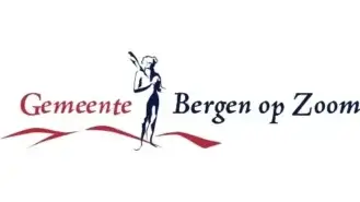 Logo van de gemeente Bergen op Zoom, met een silhouet van een staande figuur in blauw met rode lijnen en tekst.