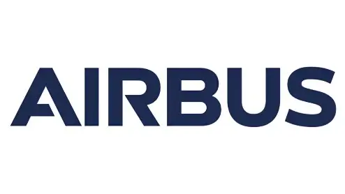 Op de afbeelding is het logo van Airbus te zien, met daarop het woord "AIRBUS" in vette, donkerblauwe letters.