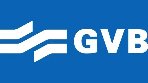 Blauw logo met "GVB" in witte letters naast twee gestileerde, parallelle witte lijnen die op golven lijken.