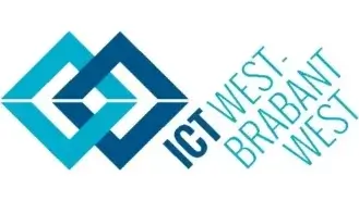 Logo met twee in elkaar grijpende blauwe ruiten aan de linkerkant en de tekst "ICT West-Brabant West" aan de rechterkant in blauwe letters.