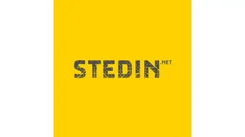 Geel vierkant met zwarte tekst "STEDIN.NET" in een verweerd lettertype.