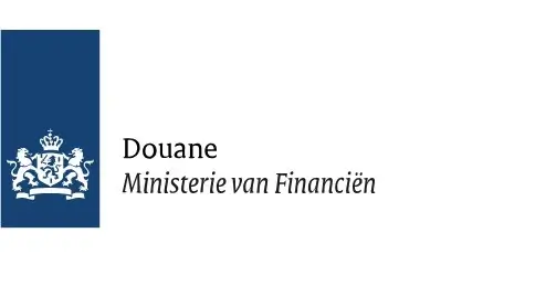 Logo van het Nederlandse douanekantoor, met het Nederlandse wapen en de tekst "Douane Ministerie van Financiën" op een blauw-witte achtergrond.