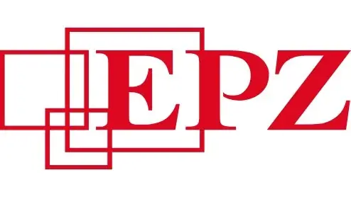 Rode letters "EPZ" in een vet schreefloos lettertype overlappen met rode omlijnde vierkanten van verschillende groottes op een witte achtergrond.