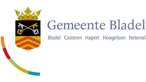 Logo van de gemeente Bladel met wapen, kroon en sleutels, naast de namen Bladel, Casteren, Hapert, Hoogeloon en Netersel.