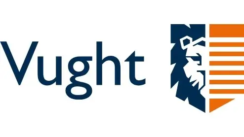 Het logo van Vught bevat het woord "Vught" naast een schild met een gestileerde leeuw en oranje strepen Het logo van Vught bevat het woord "Vught" naast een schild met een gestileerde leeuw en oranje strepen.