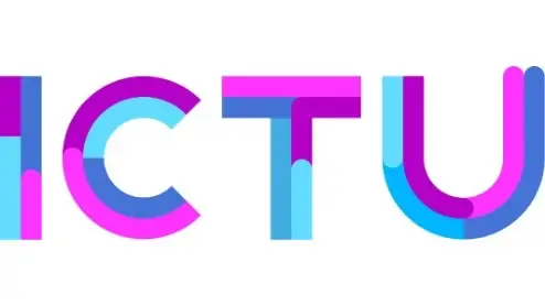 Gedeeltelijke tekst met de letters "ICTU" in een kleurrijk, rond lettertype met kleurverlopen van blauw, paars en roze.