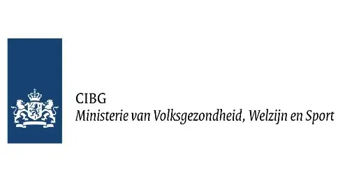 Logo van CIBG, onderdeel van het Nederlandse Ministerie van Volksgezondheid, Welzijn en Sport, met een blauw embleem met een wit Nederlands wapen aan de linkerkant en tekst aan de rechterkant.