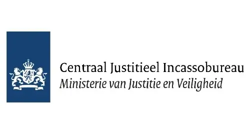 Logo van het Centraal Justitieel Incassobureau, onderdeel van het Nederlandse Ministerie van Justitie en Veiligheid, met een blauw embleem met een wit leeuwenwapen.