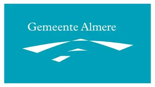 Turquoise achtergrond met witte geometrische vormen en de tekst "Gemeente Almere" in het midden bovenaan.
