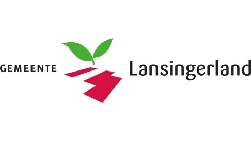 Logo van Gemeente Lansingerland, met twee groene bladeren boven rode geometrische vormen, en de tekst "Gemeente Lansingerland" in zwarte tekst op een witte achtergrond.