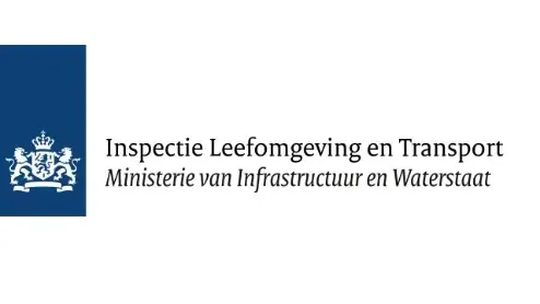Logo van de Nederlandse Inspectie Leefomgeving en Transport met Nederlandse tekst en een blauw embleem met een wit Nederlands koninklijk wapen.