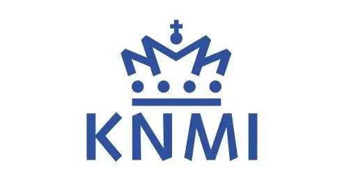 KNMI-logo met een blauwe gestileerde kroon boven de blauwe letters "KNMI" op een witte achtergrond.