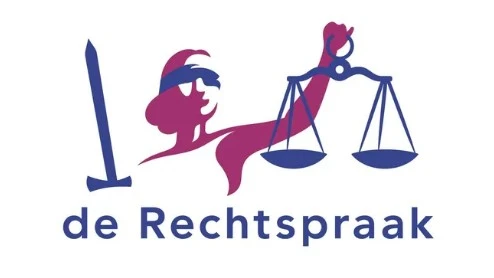 Logo van "de Rechtspraak" met een gestileerde Vrouwe Justitia met een weegschaal, een zwaard naast zich en daaronder tekst.