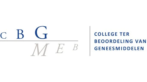 Logo van het CBG MEB met de tekst "College ter Beoordeling van Geneesmiddelen" naast de initialen CBG en MEB in verschillende tinten blauw en grijs.