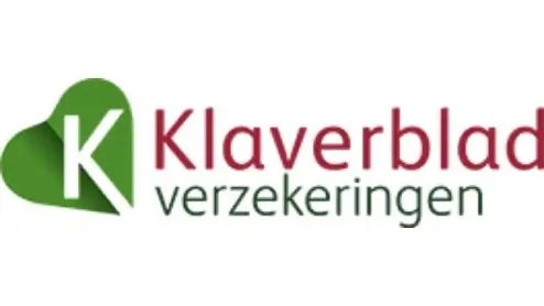 Klaverblad Verzekeringen logo met een groen hartvormig icoon met de letter "K" en de bedrijfsnaam in rode en zwarte tekst.