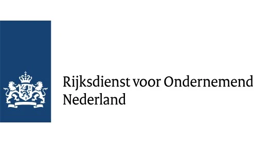 Logo van de Rijksdienst voor Ondernemend Nederland met een blauw schild met een witte leeuw en kroon en rechts de tekst "Rijksdienst voor Ondernemend Nederland".