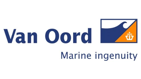 Logo van Van Oord met een gestileerde golf en een ankersymbool, met de slogan "Marine ingenuity" onder de bedrijfsnaam.