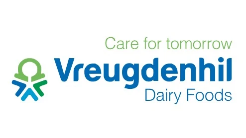 Logo van Vreugdenhil Dairy Foods met een groen en blauw icoon en de slogan "Zorg voor morgen" in groene tekst boven de bedrijfsnaam.