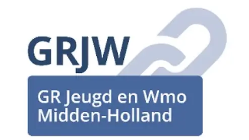 Logo met de tekst "GRJW" en "GR Jeugd en Wmo Midden-Holland" met een gestileerde schakelketting op de achtergrond.