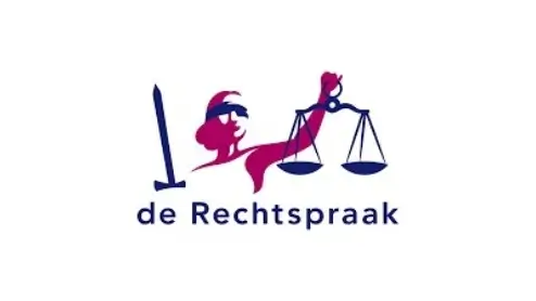 Logo van "de Rechtspraak" met een gestileerde figuur die een weegschaal en een zwaard vasthoudt, wat gerechtigheid voorstelt, met daaronder de naam van de organisatie.