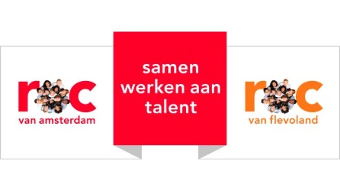 Logo's van ROC van Amsterdam en ROC van Flevoland aan weerszijden van een rood vaandel met de tekst "samen werken aan talent" in wit.