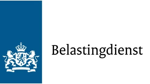 Logo van de Belastingdienst met een blauw paneel met links een kroon en twee leeuwen en rechts het woord "Belastingdienst".