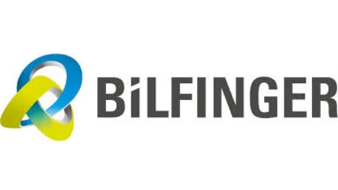 Bilfinger-logo met in elkaar grijpende blauwe en gele vormen links van het woord "BILFINGER" in dikke grijze letters.